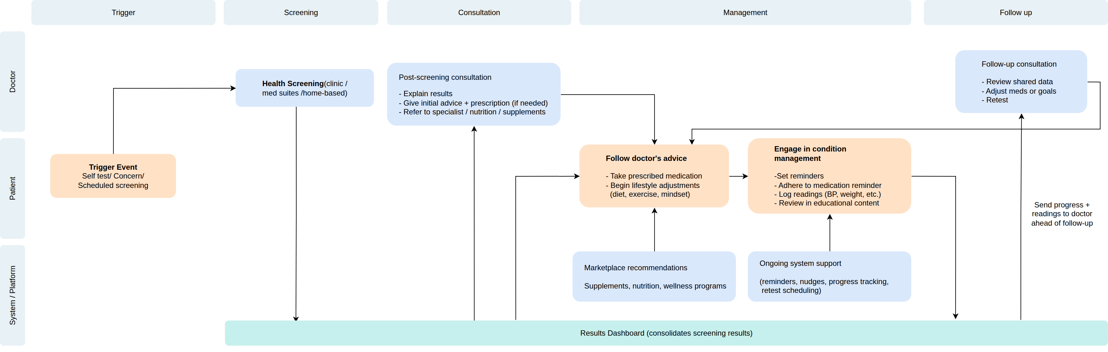 Service blueprint showing Doctor, Patient, and System/Platform lanes across the Trigger, Screening, Consultation, Management, and Follow-Up stages of the DA chronic care journey.