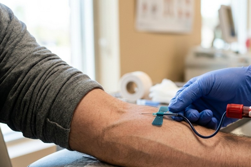 Close-up of a blood sample being drawn during a competitor's at-home health test