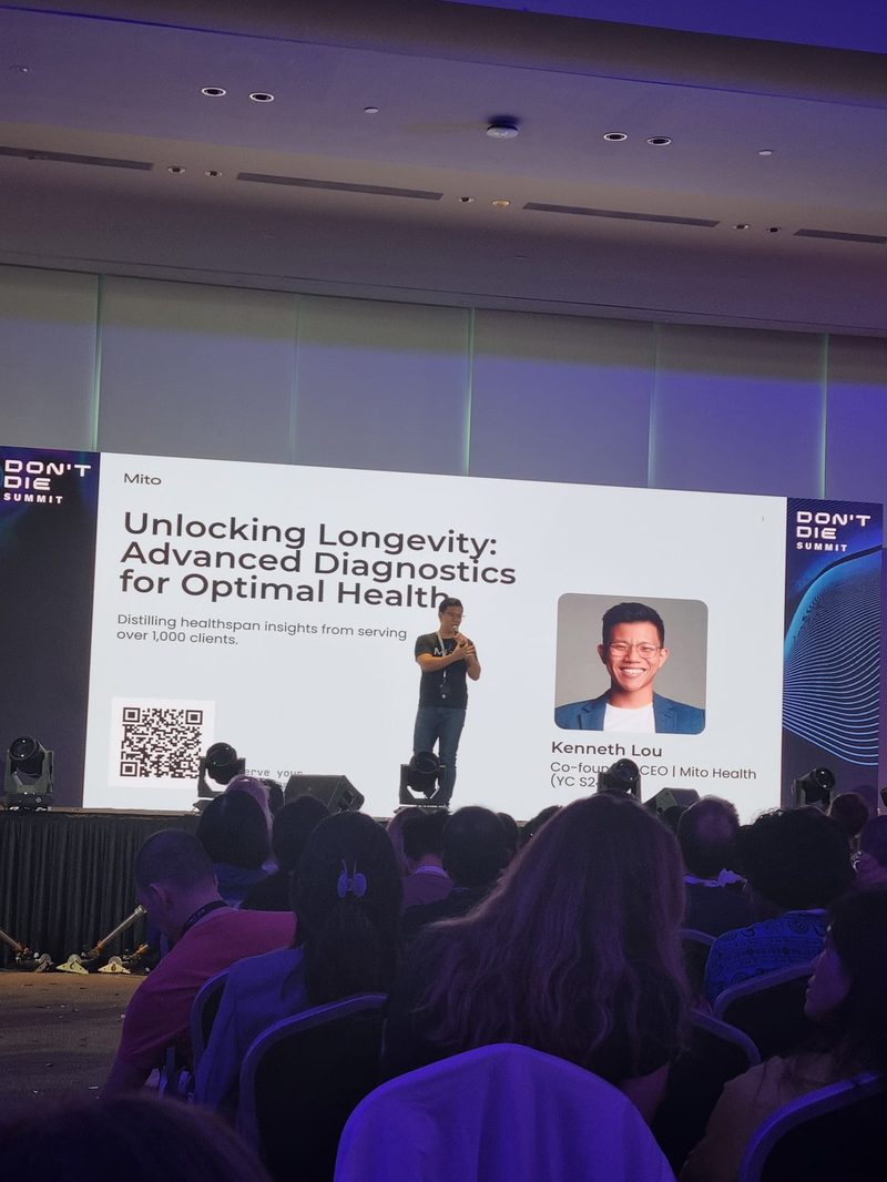 Kenneth Lou, Co-founder and CEO of Mito Health, presenting on advanced diagnostics for longevity at the Don't Die Summit