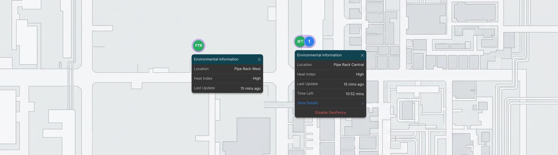 Dashboard map with Halo indicators around worker markers, and an Environmental Information popup showing location, heat index and last update time