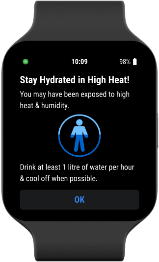 Smartwatch alert reading Stay Hydrated in High Heat, with instructions to drink at least 1 litre of water per hour